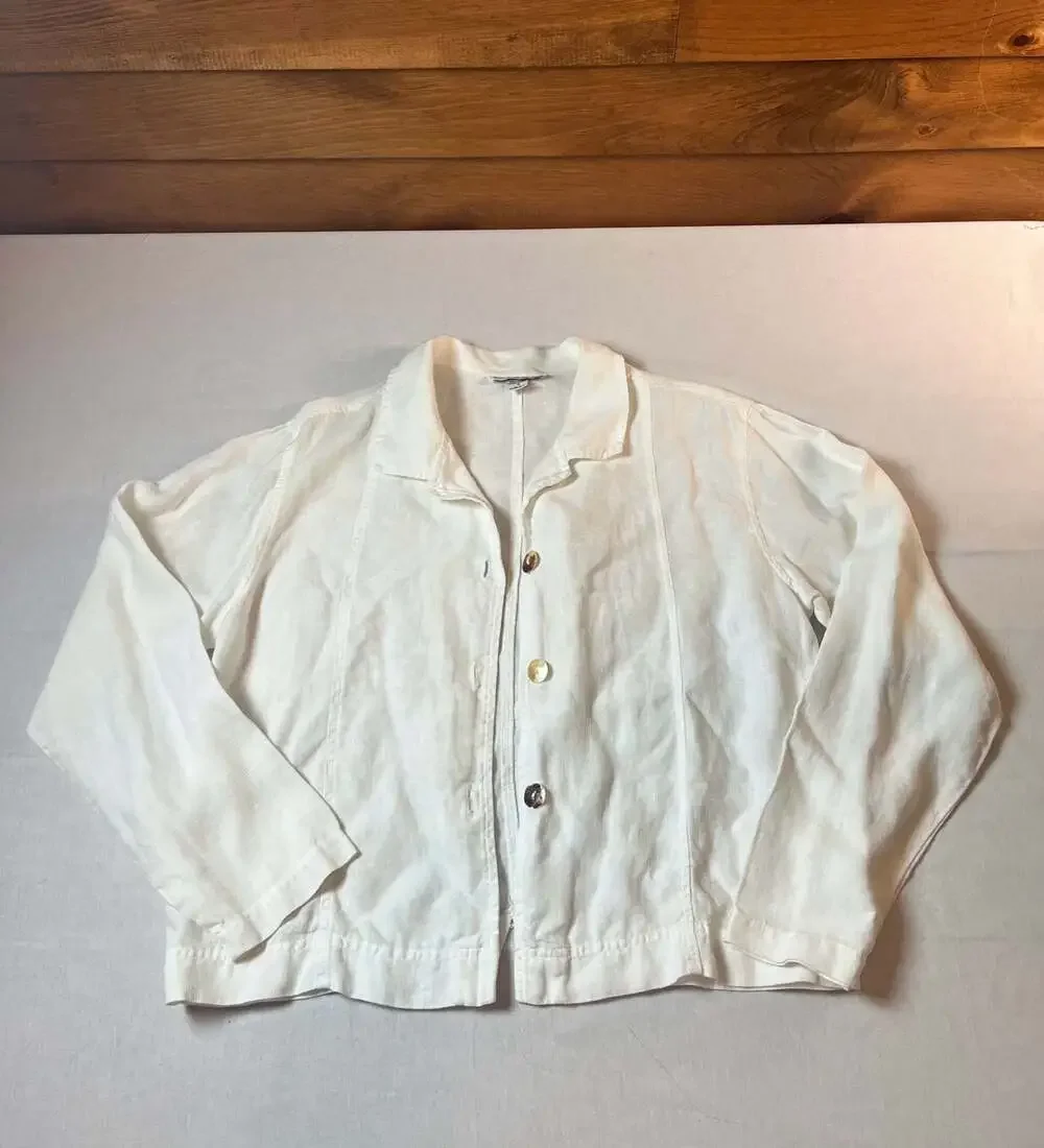 Cotton Wear White Linen Button Up Jacket Size S Vintage Made in USA